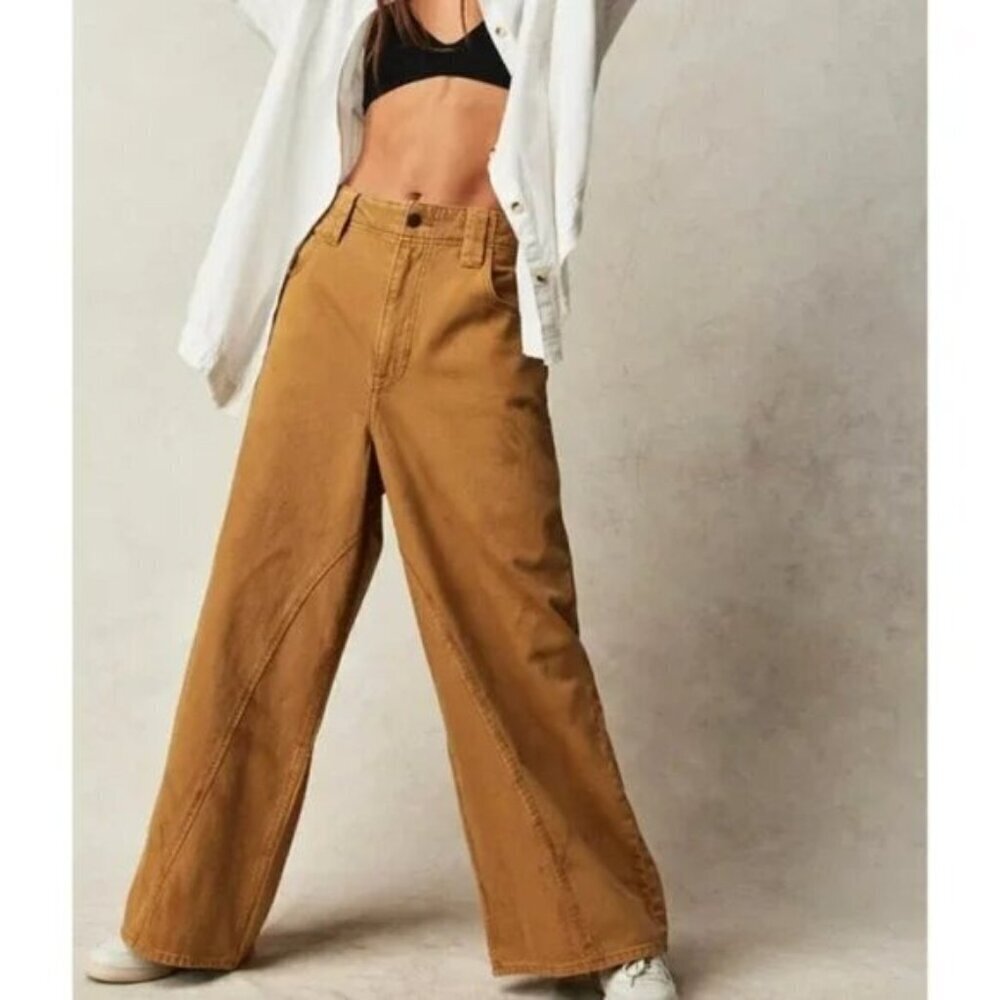 Free People Chill Vibes Scout Tan Dropped Wide Leg Jeans - Picture 1 of 2